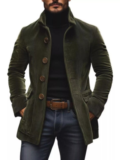Green stand-collar button-front coat with pockets, shown over a black top and trousers. Coat only.