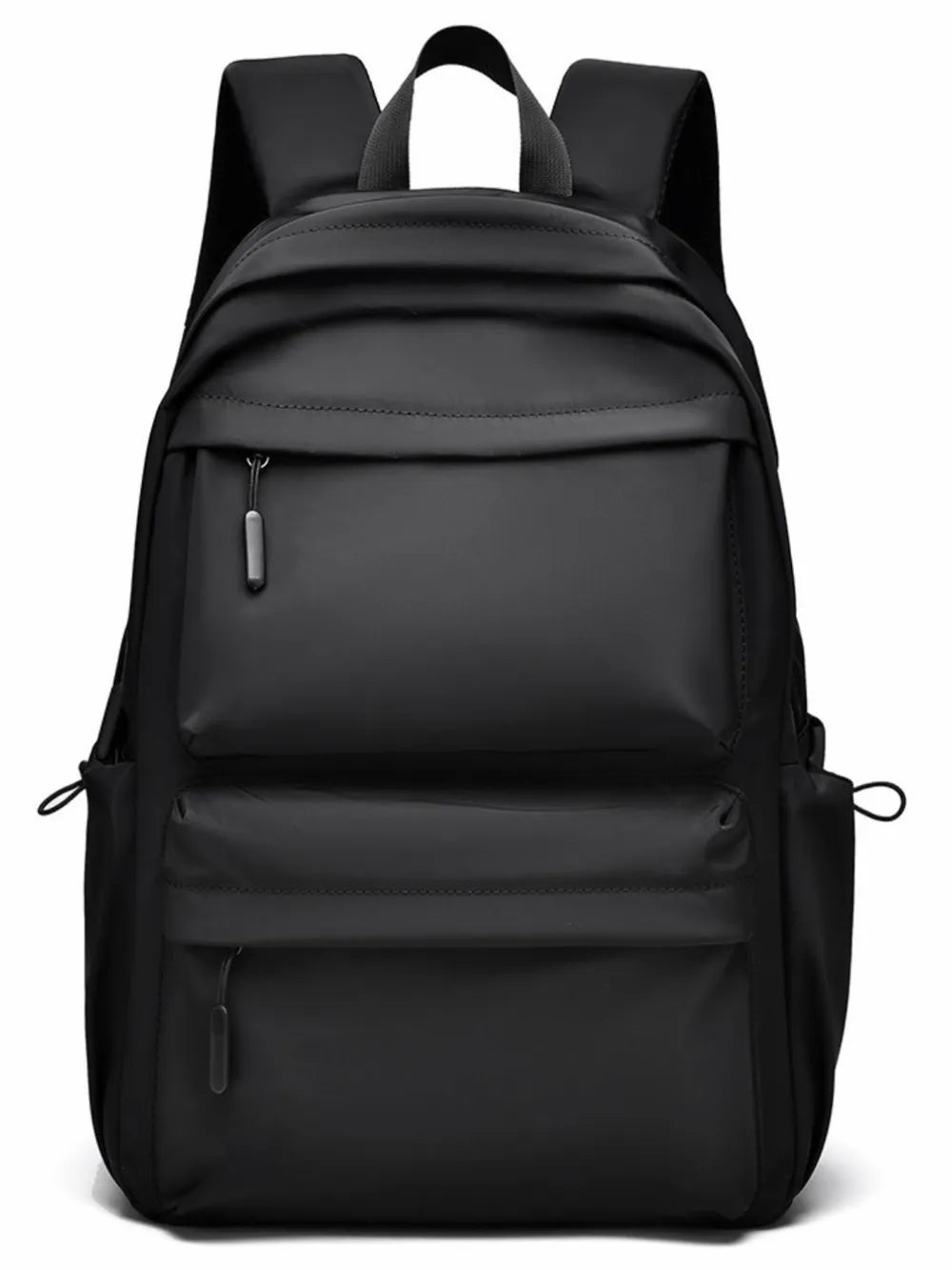 Black multi-pocket backpack shown from the front