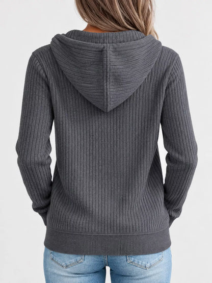 Back view of the gray ribbed zip-front hooded cardigan with long sleeves.