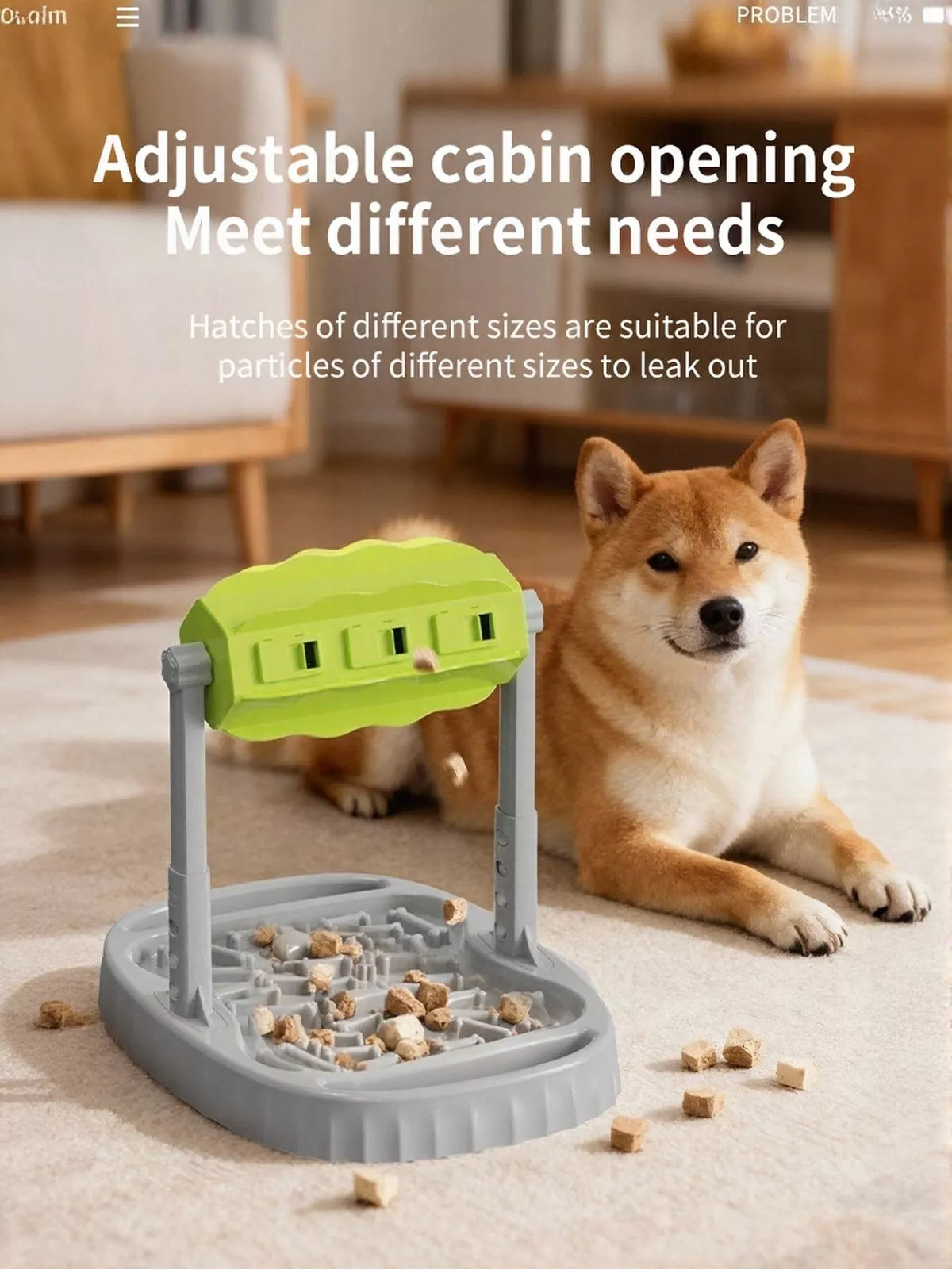 Green Style 2 rotating pet treat dispenser showing its adjustable drum openings; dog and treats are not included.