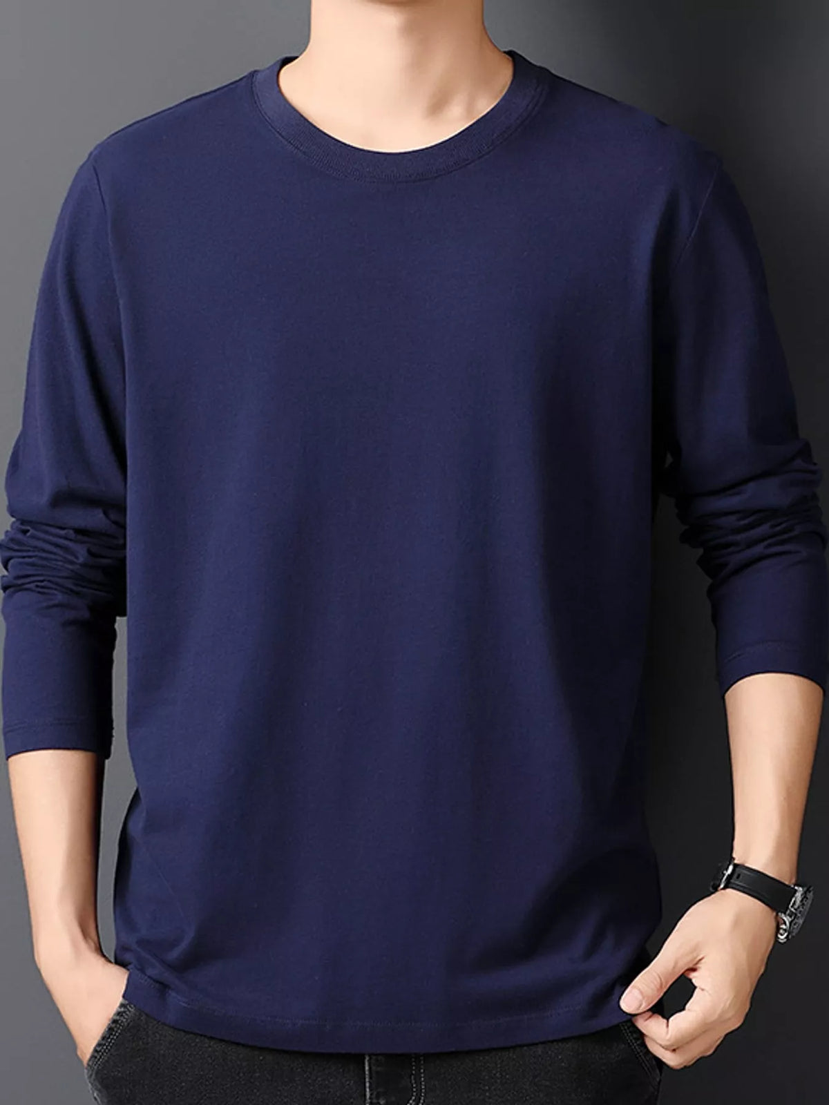 Navy men's cotton long-sleeve crewneck tee, front view.
