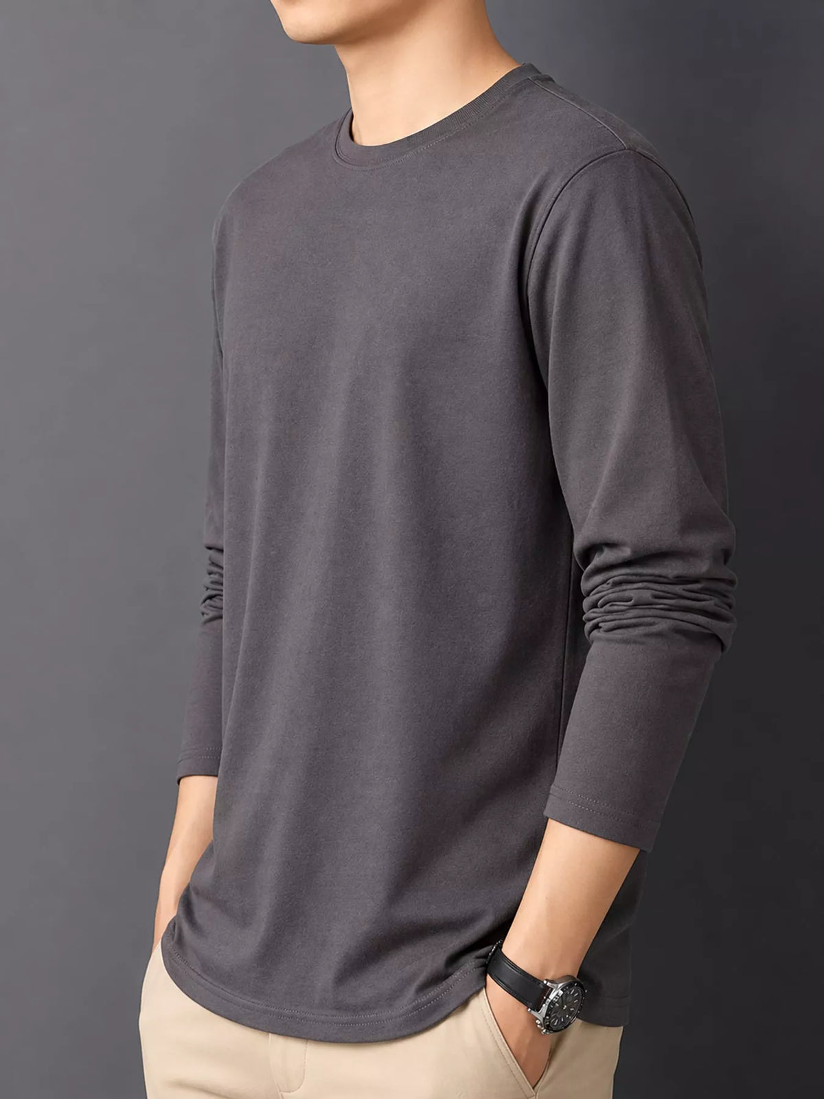 Dark Gray men's cotton long-sleeve crewneck tee, side view.
