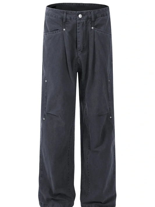 Gray wide-leg cotton trousers, front view