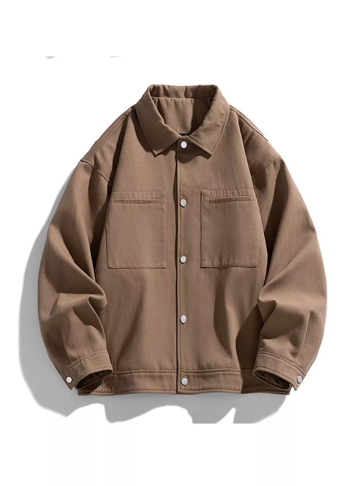 Camel Brown snap-front jacket shown on its own from the front, with two chest patch pockets.