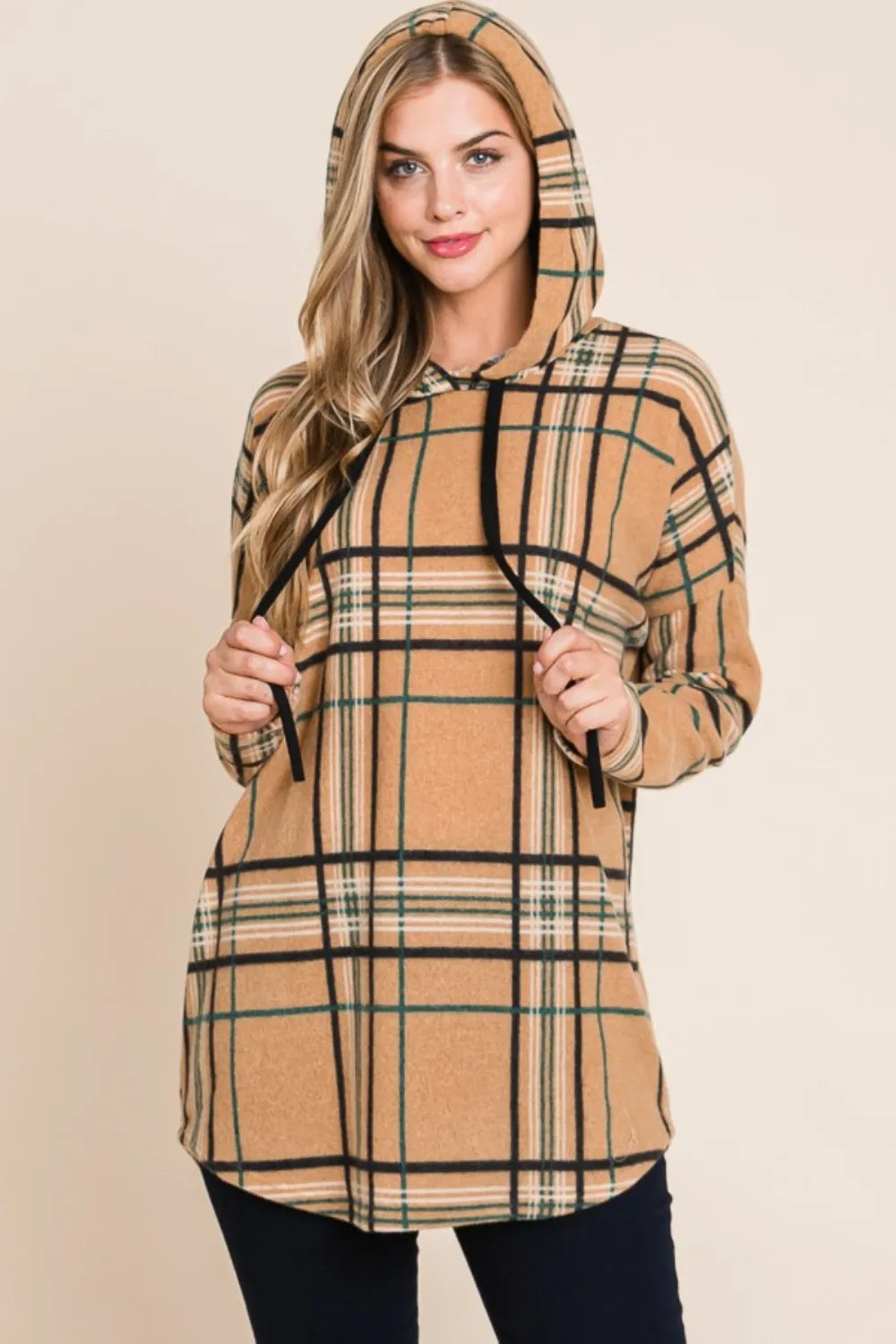 Taupe BOMBOM plaid long sleeve hoodie, front view with drawstring hood up
