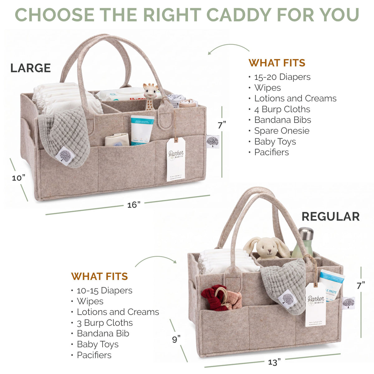 Size comparison of Regular and Large felt diaper caddies with demonstration items; only one caddy is included per selection, contents shown are not included.