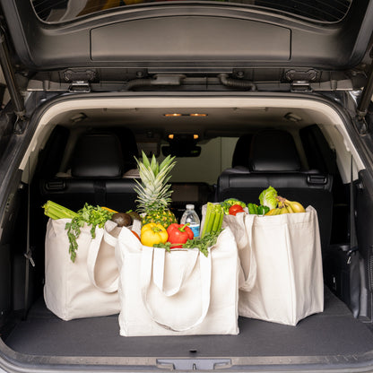 Canvas jumbo tote bags holding groceries in a car trunk