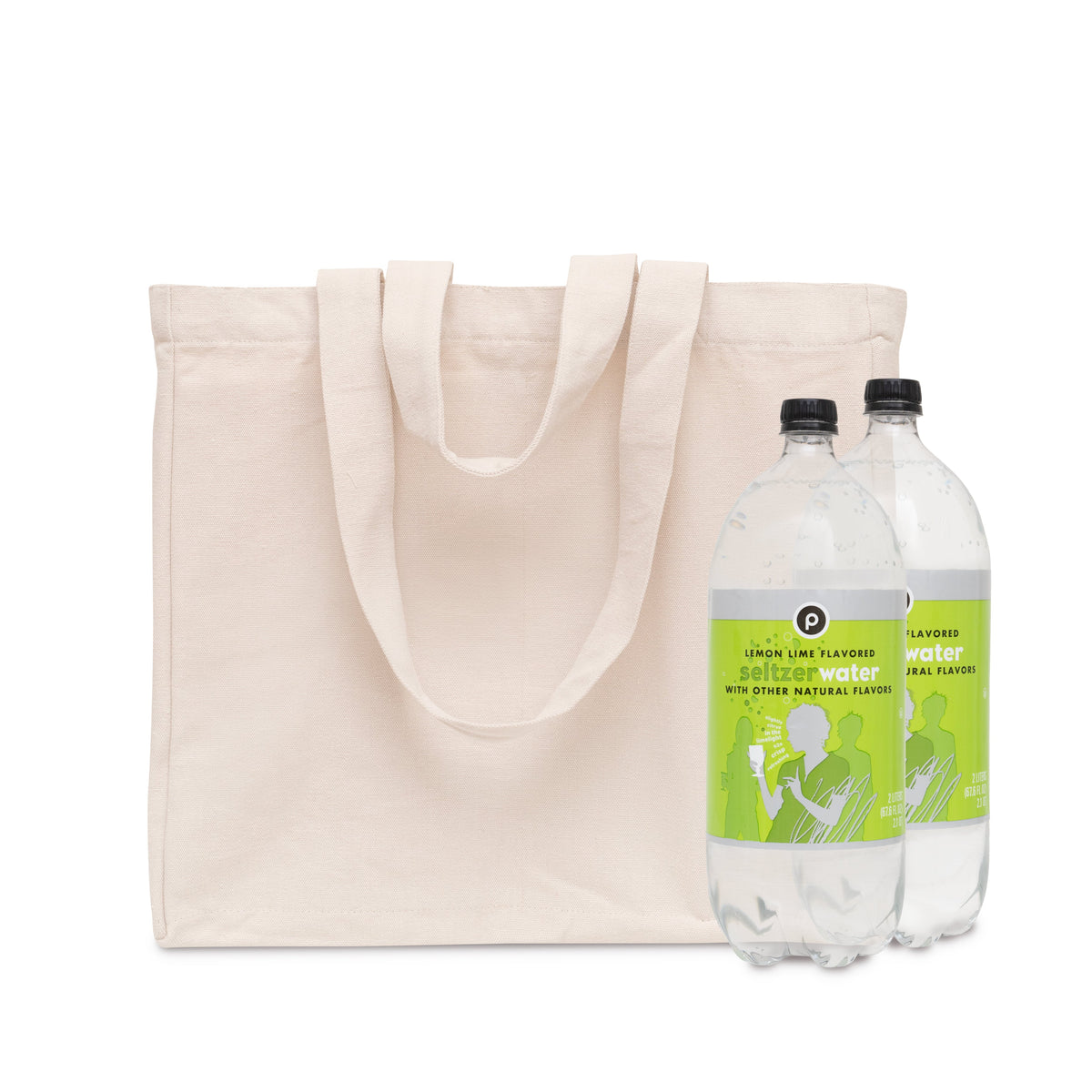 Single canvas jumbo tote beside bottles for scale; bottles not included