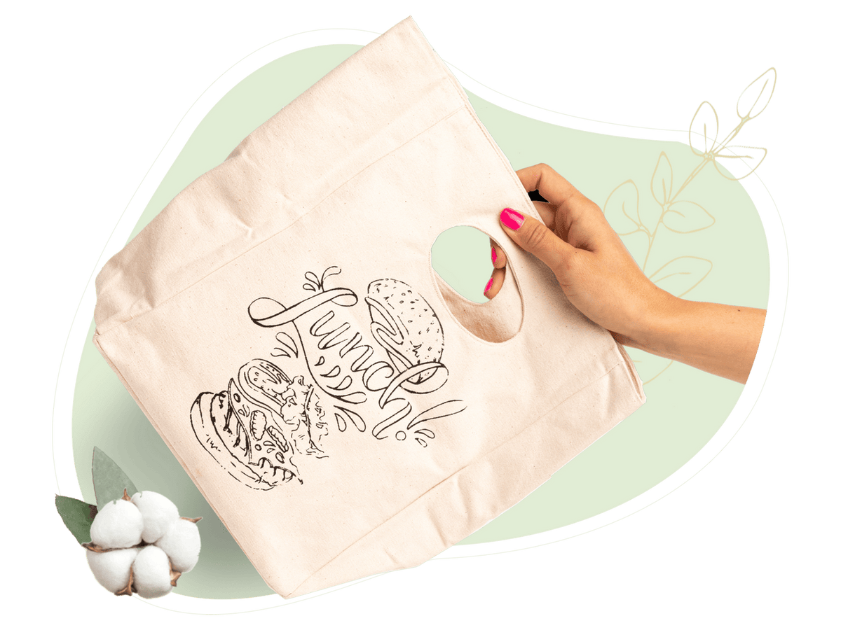 Printed cotton canvas lunch bag with cutout carrying handles