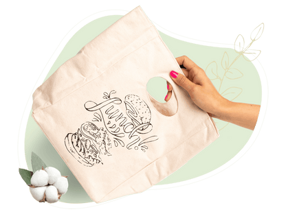 Printed cotton canvas lunch bag with cutout carrying handles