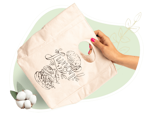 Printed cotton canvas lunch bag with cutout carrying handles