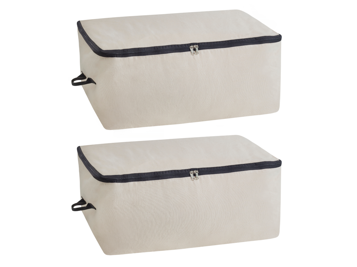 Two natural canvas comforter storage bags with zippers and side handles