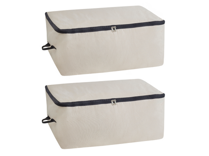 Two natural canvas comforter storage bags with zippers and side handles