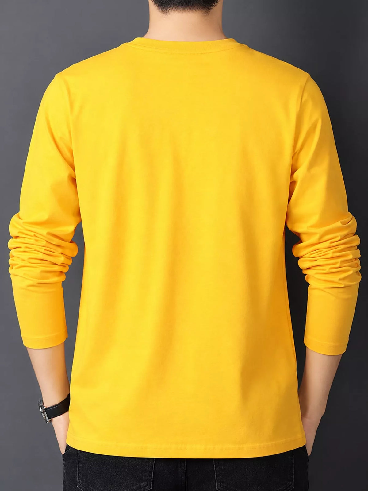 Gold men's cotton long-sleeve crewneck tee, back view.