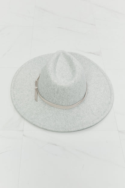 Fame light-gray fedora hat with faux-leather knot band — angled view