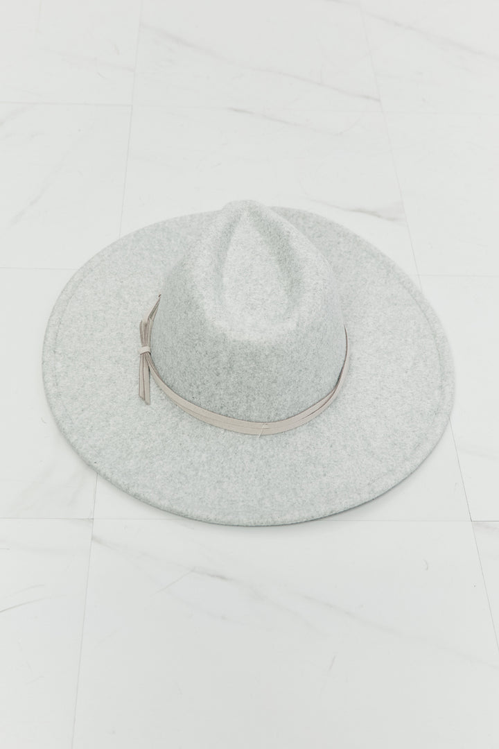 Fame light-gray fedora hat with faux-leather knot band — angled view