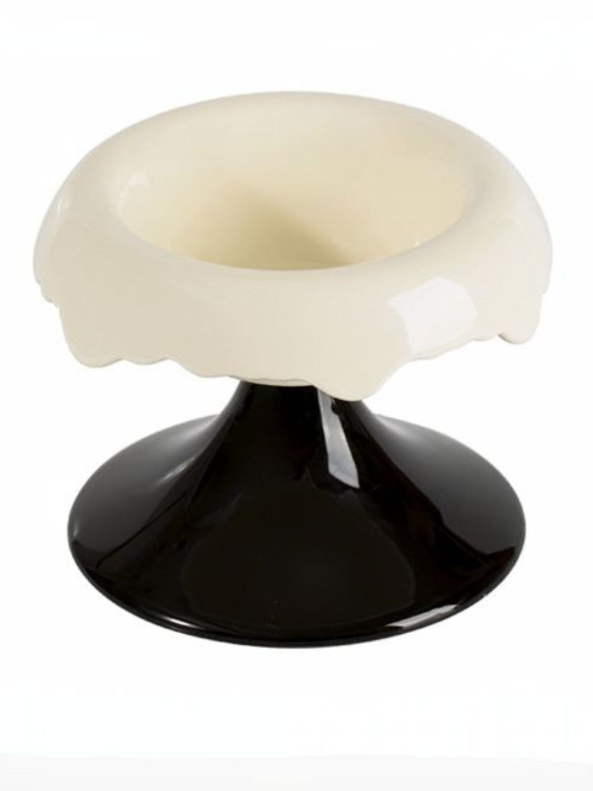White-and-black elevated ceramic pet bowl shown empty.