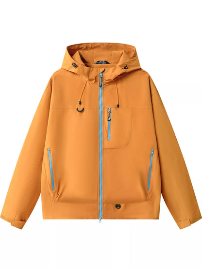 Orange men's hooded multi-pocket zip jacket — front view