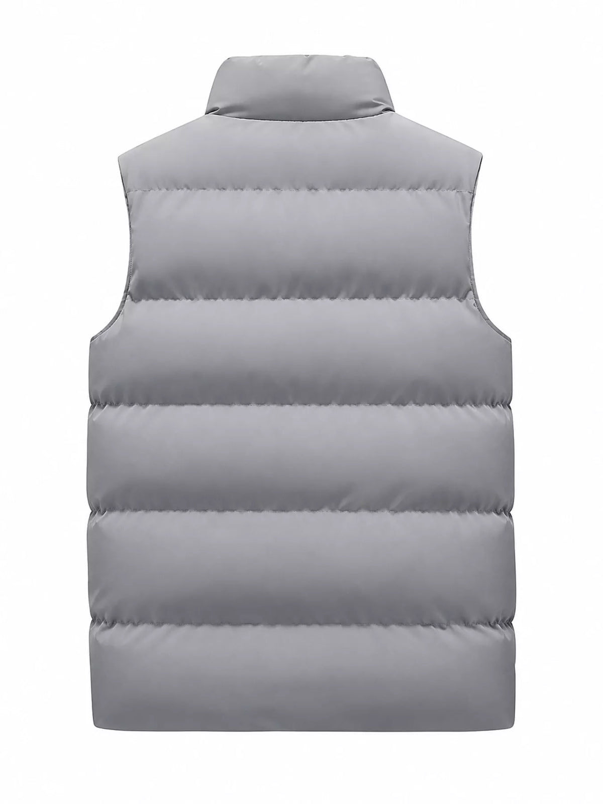 Gray men's lightweight zip-up puffer vest — back view