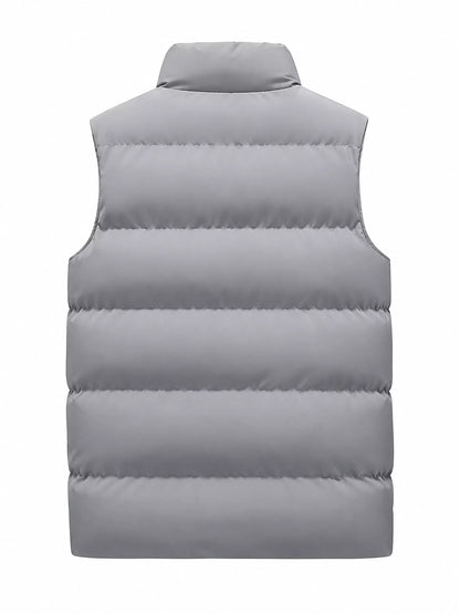 Gray men's lightweight zip-up puffer vest — back view
