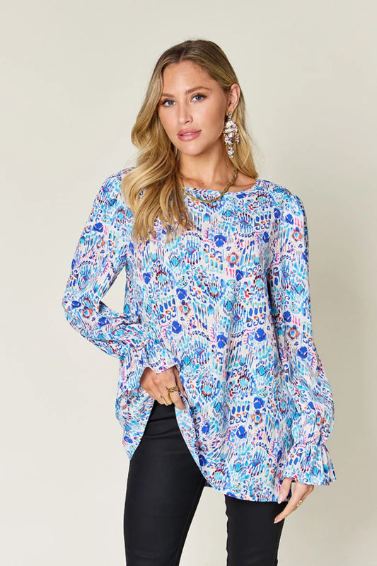 Double Take Full Size Printed Flounce Sleeve Blouse product view