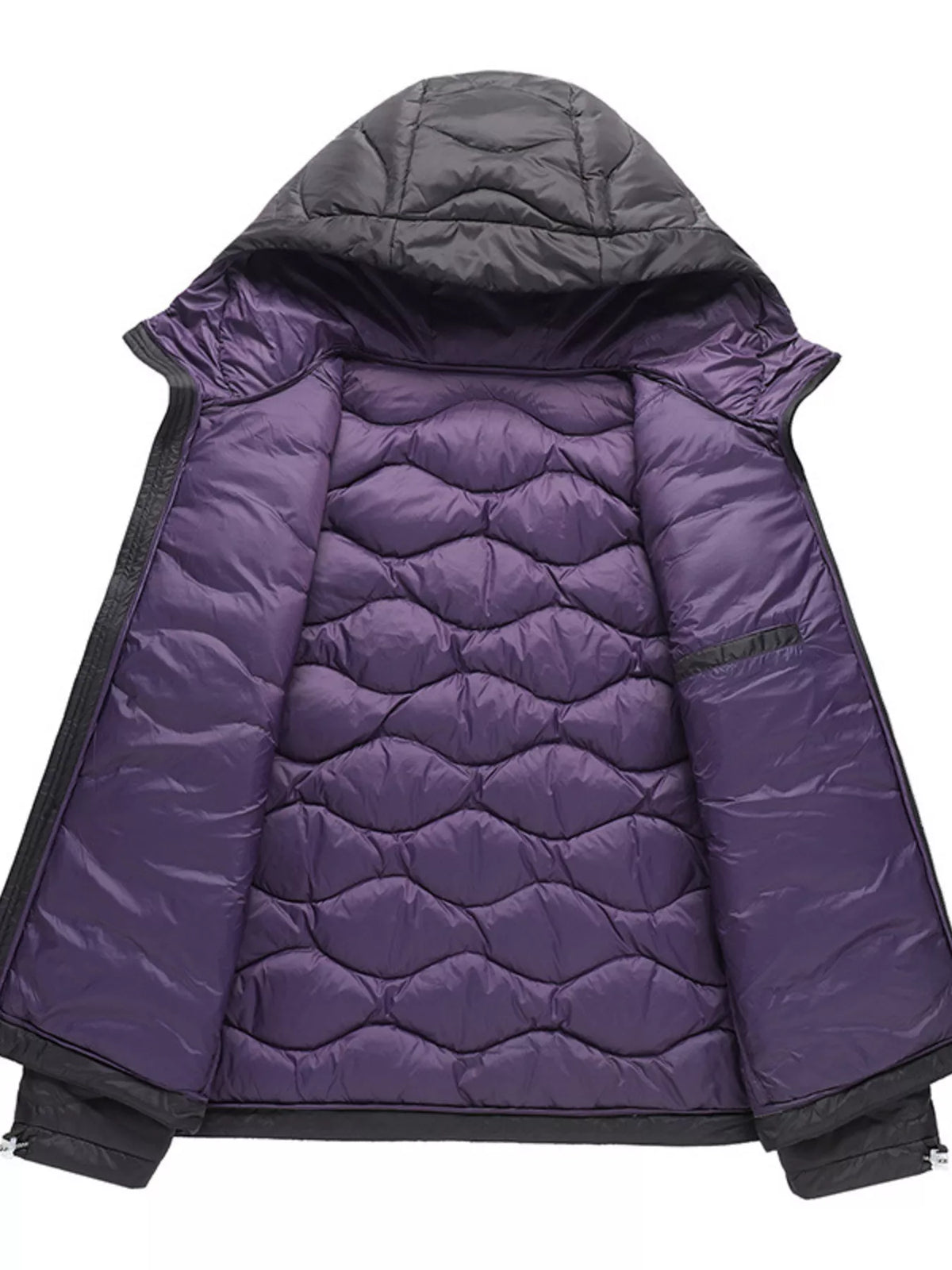 Black puffer jacket opened to show purple quilted interior