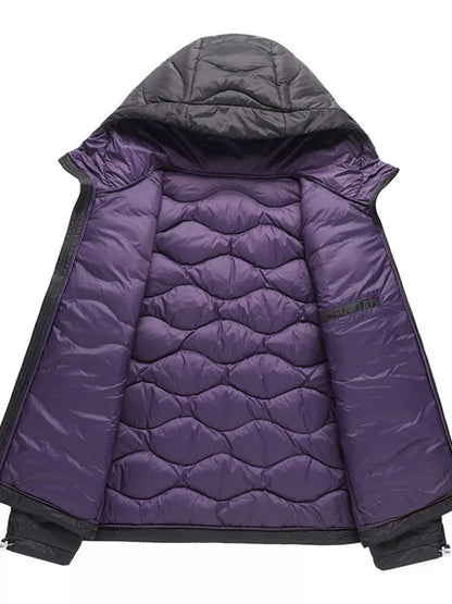 Black puffer jacket opened to show purple quilted interior