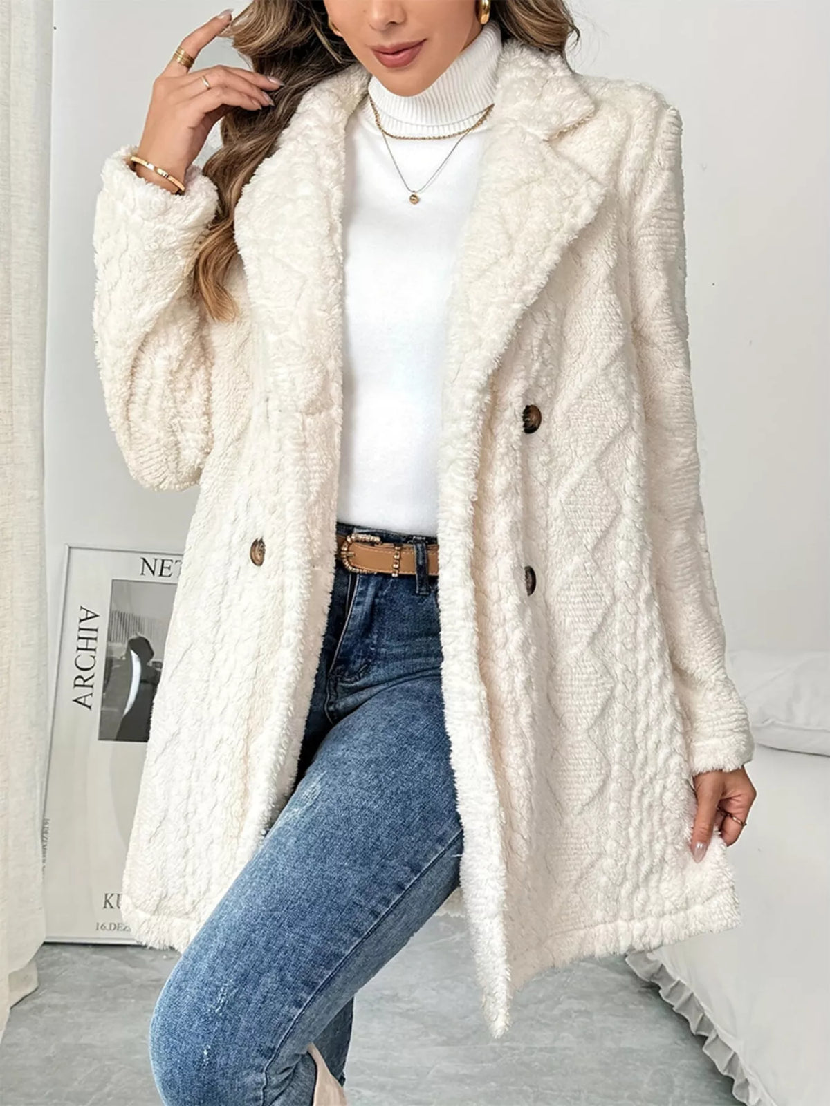 White fleece double-breasted longline coat, standing front view