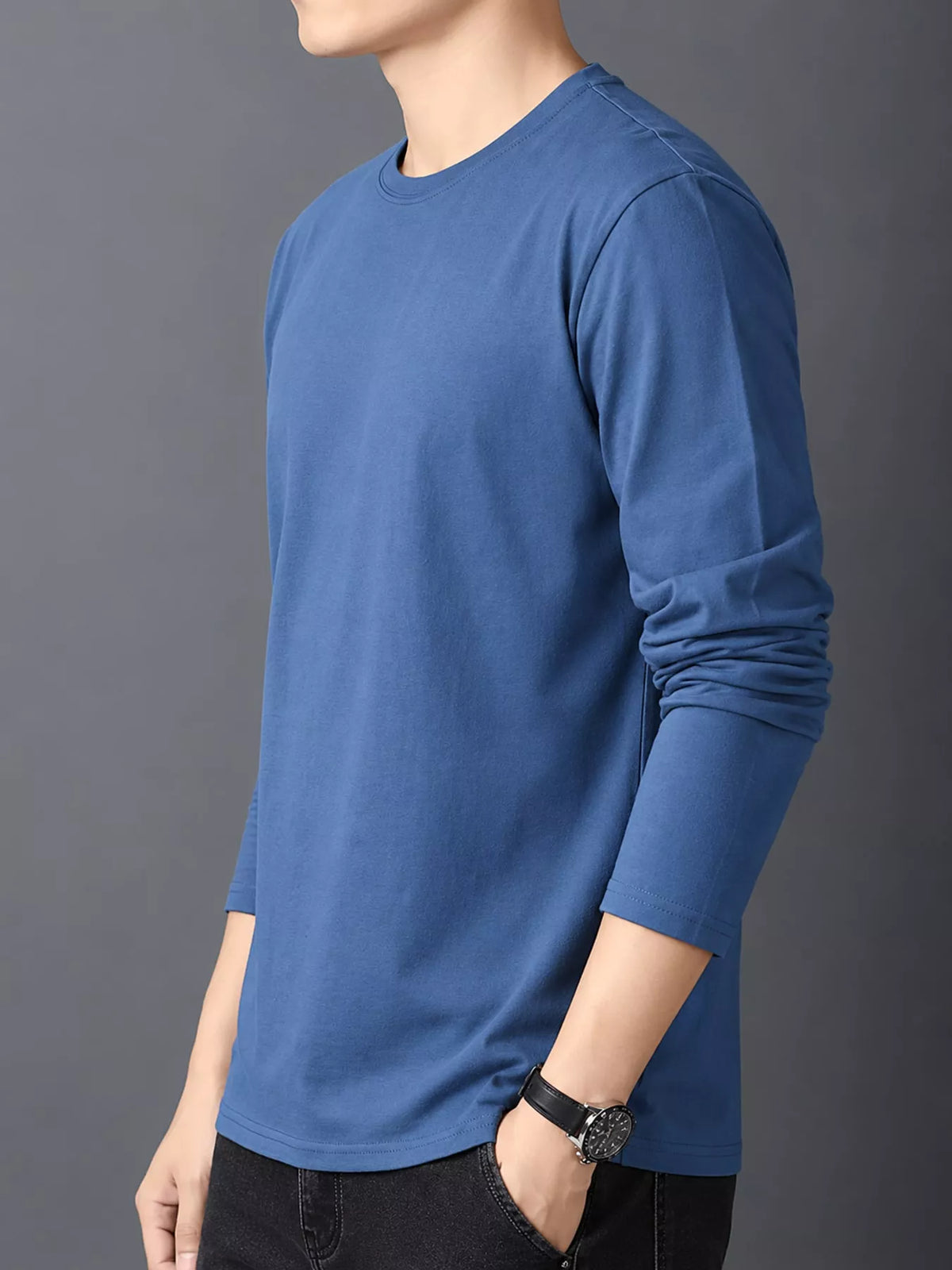 Dusty Blue men's cotton long-sleeve crewneck tee, side view.