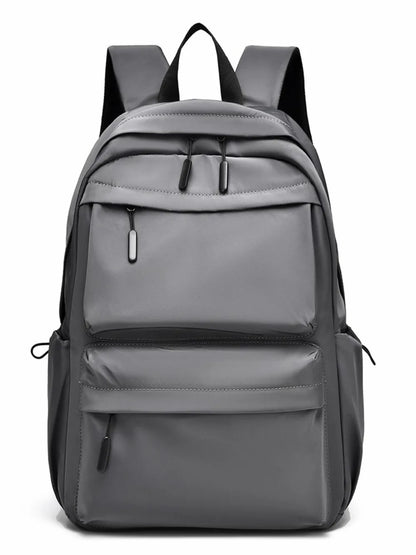 Gray multi-pocket backpack shown from the front
