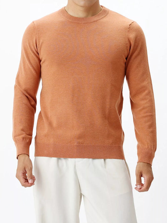 Men's long-sleeve crew-neck sweater in Caramel, front view.