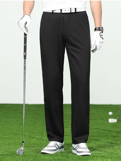 Black loose-fit trousers, front view.