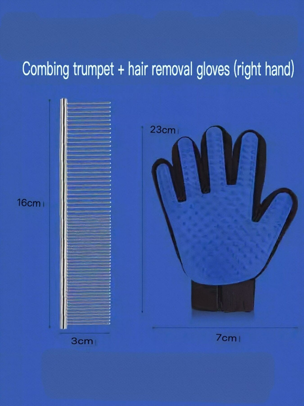 Small stainless-steel comb shown with a blue right-hand grooming glove.