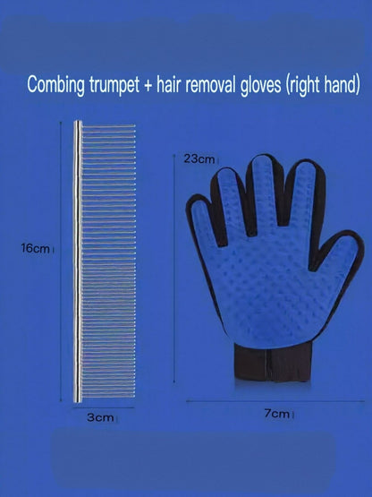 Small stainless-steel comb shown with a blue right-hand grooming glove.