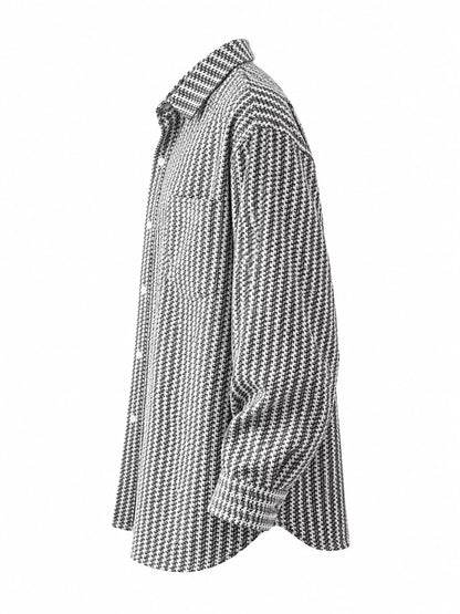 White-patterned men’s shacket shown from the side, with a collar and long sleeves.