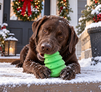 Dog holding the green Christmas Tree toy on a snowy porch