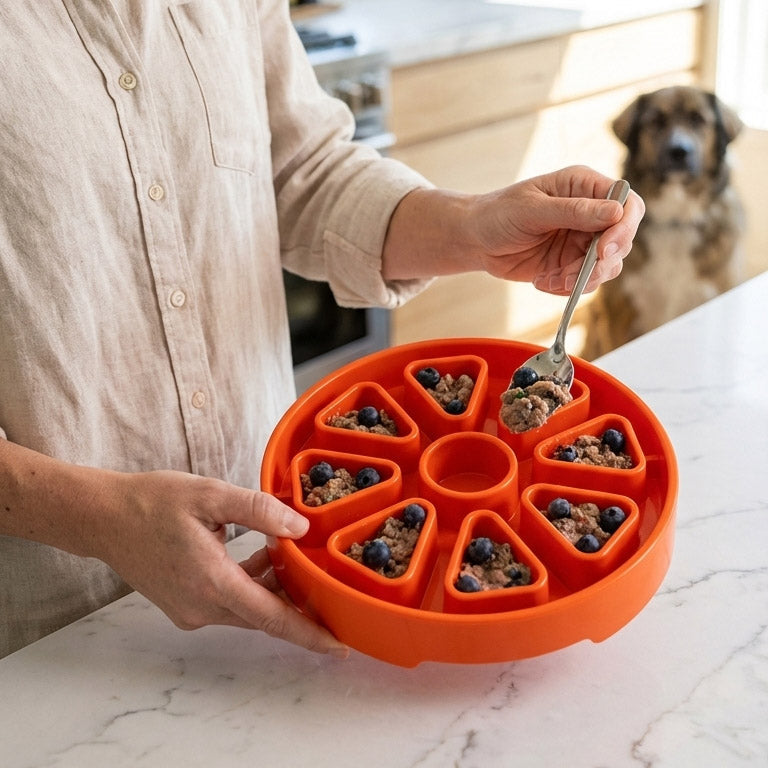 Person holding an Orange Citrus Softie eTray with example foods; food and props are not included.