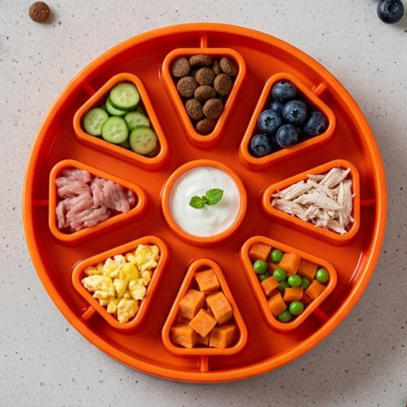 Orange Citrus Softie eTray filled with example foods; food is not included.