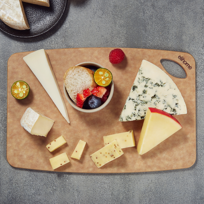 Small Elihome cutting board styled with cheese and fruit; food and props are not included.