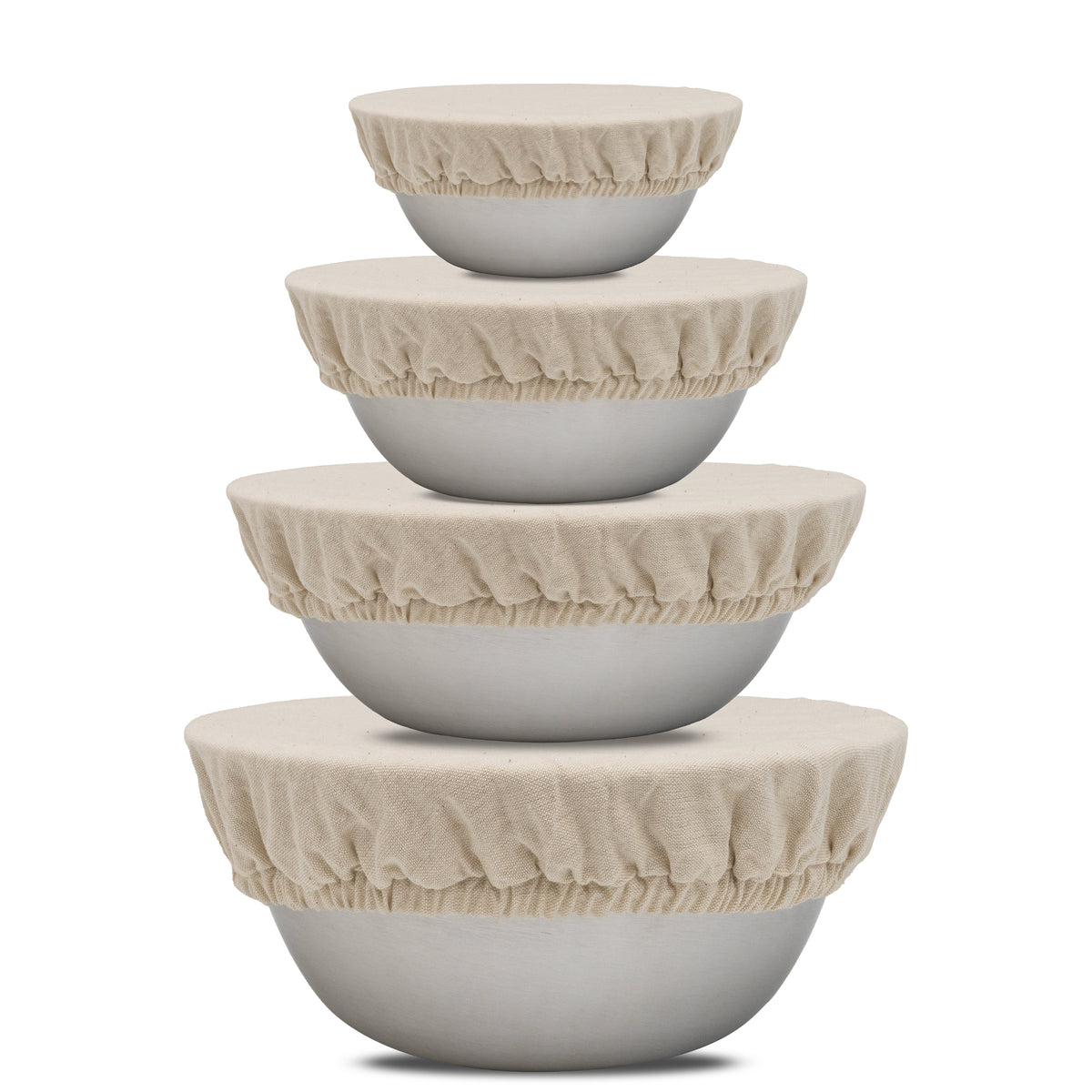 Four off-white cloth covers shown on graduated bowls