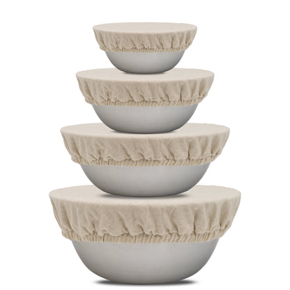 Four off-white cloth covers shown on graduated bowls