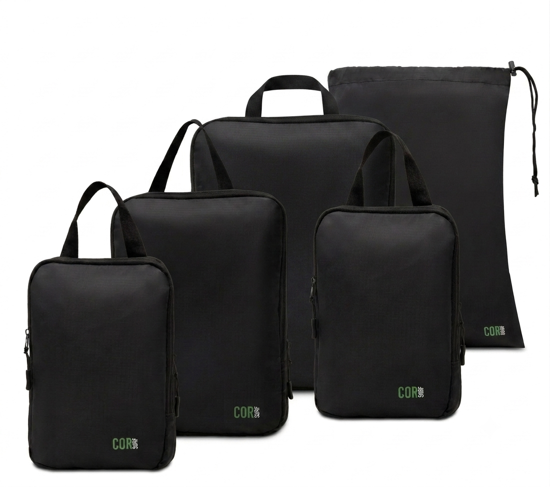 COR Surf black 5-pack: four compression packing cubes and one laundry bag