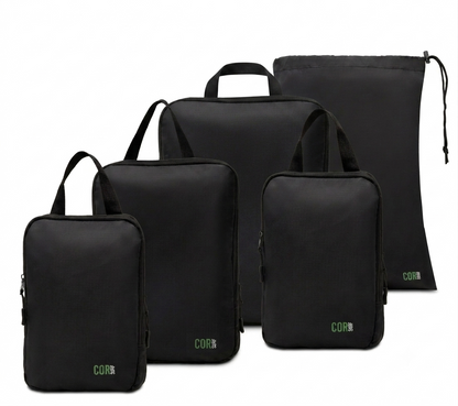 COR Surf black 5-pack: four compression packing cubes and one laundry bag