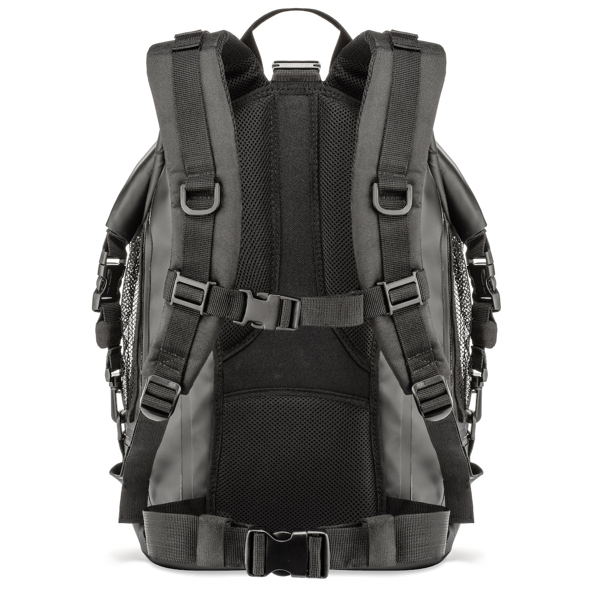 Back of the backpack showing shoulder, chest and waist straps.