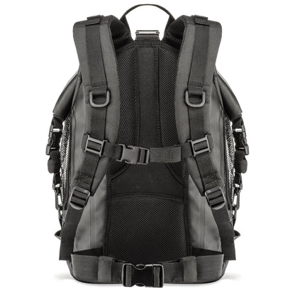 Back of the backpack showing shoulder, chest and waist straps.