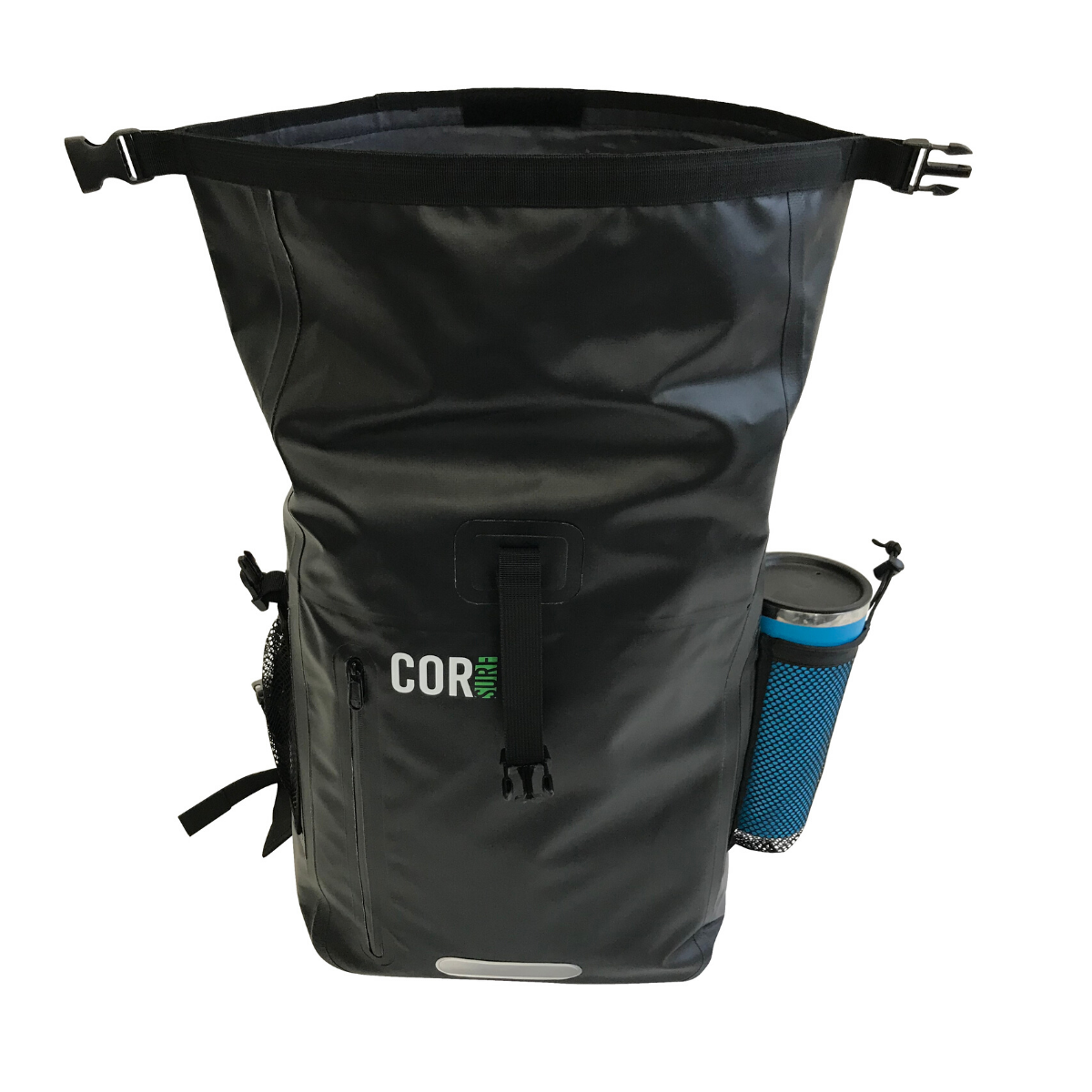 Open roll-top backpack; demonstration bottle not included.