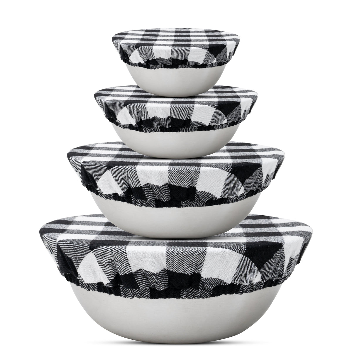 Four black and white checked cloth covers on graduated bowls