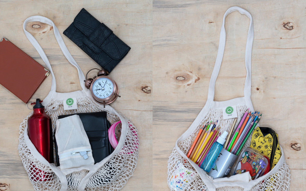 Mesh shopping bags holding everyday essentials; props not included