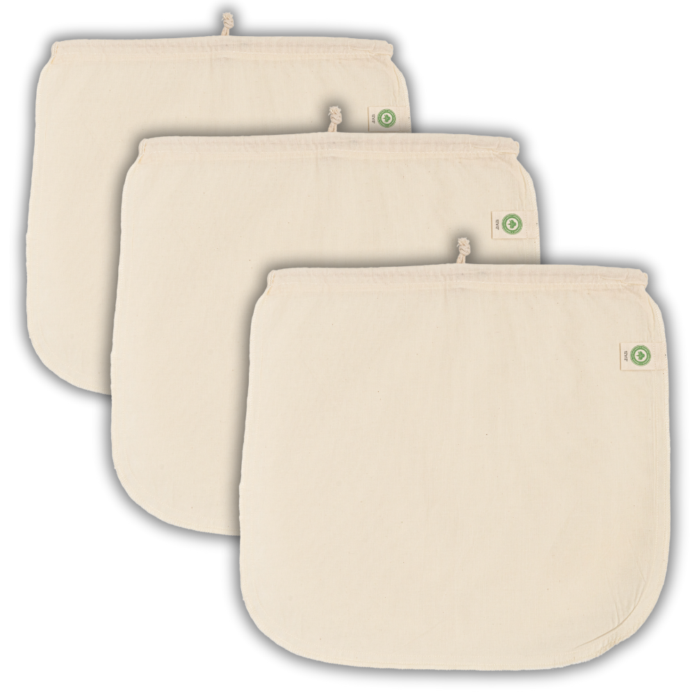 Three reusable cotton drawstring straining bags