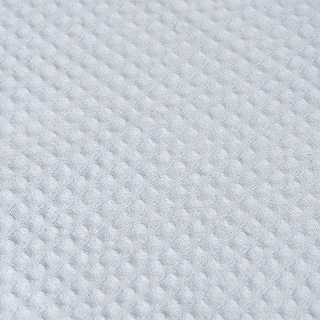 Close-up of light blue cotton waffle weave fabric